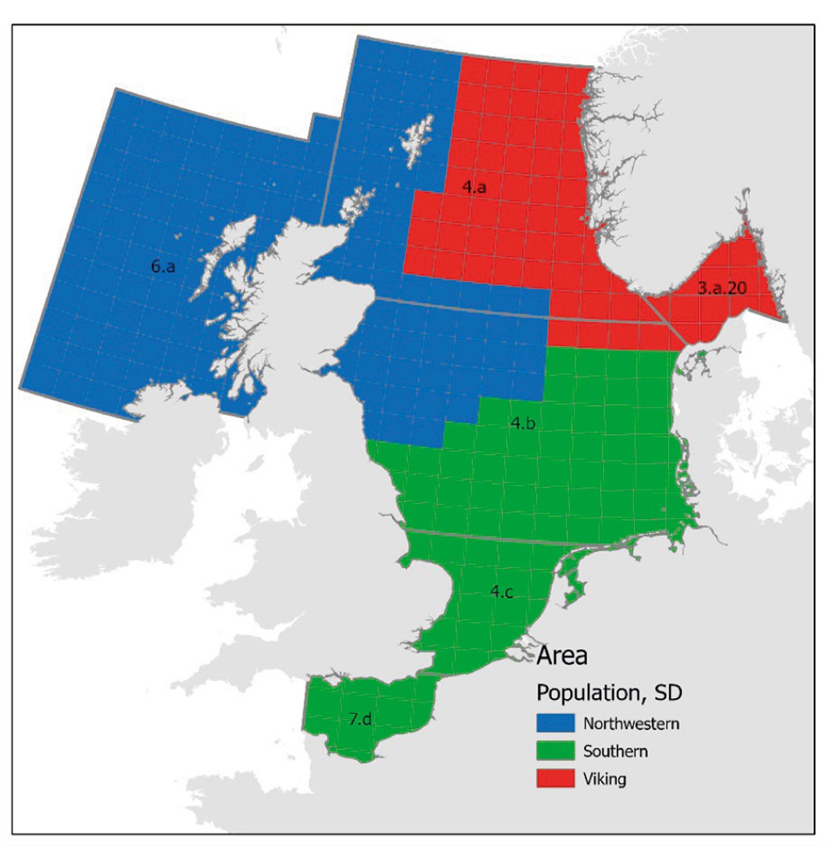 Figur 4.45 Utbreiingsområde og gyteområde for torsk i Nordsjøen, Skagerrak og austdelen av Den engelske kanalen.