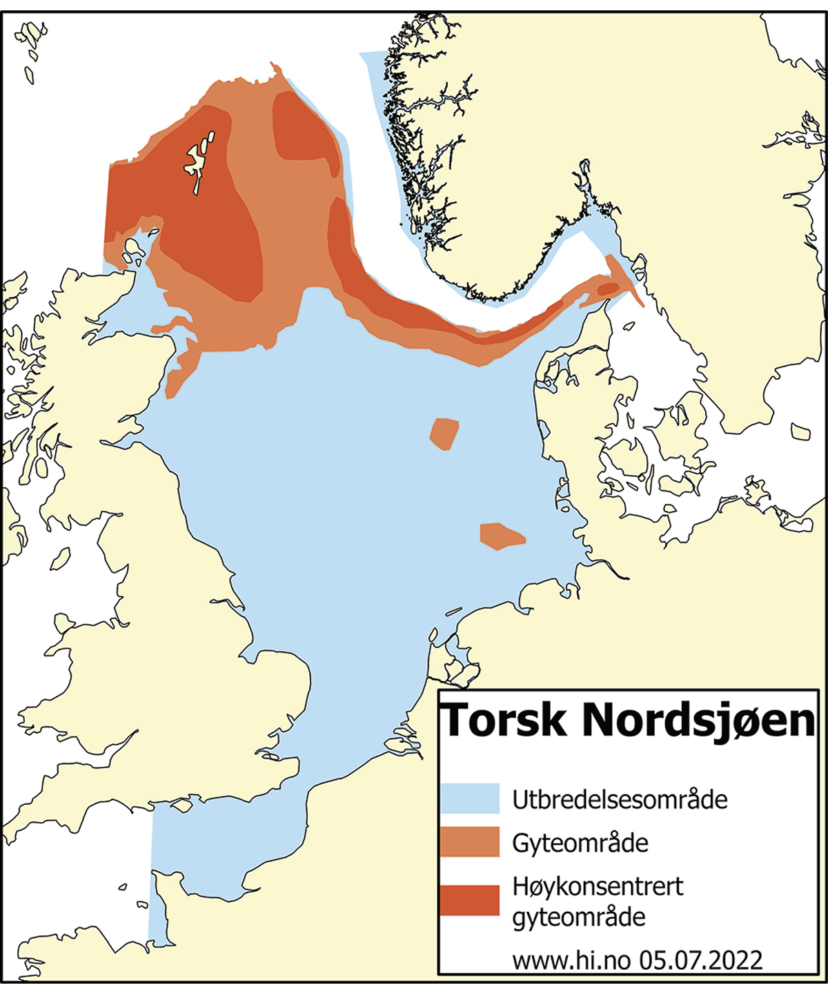 Figur 4.46 Områdeinndeling for underbestandar av torsk i Nordsjøen, i Skagerrak, i austdelen av Den engelske kanalen og vest for Skottland.