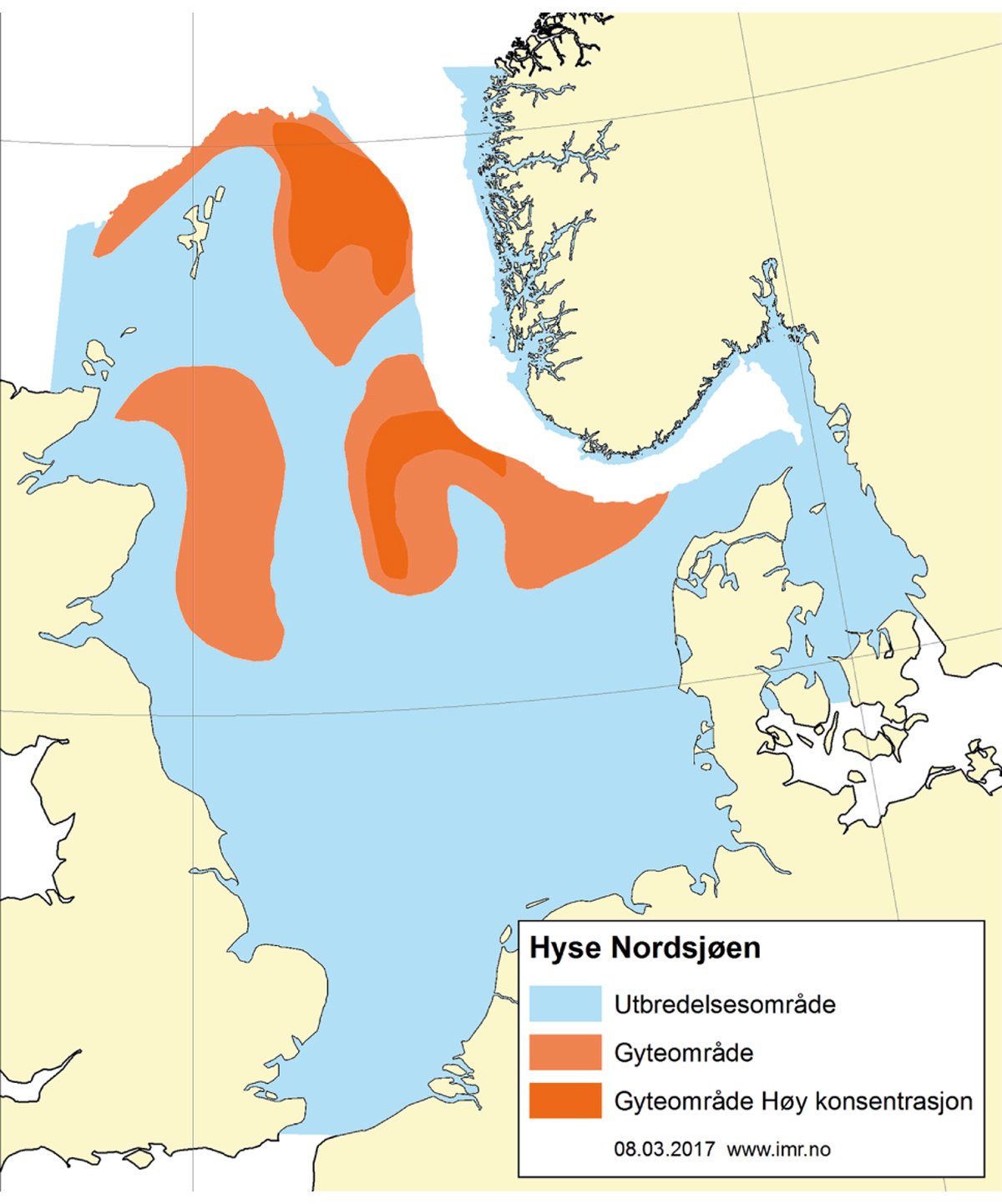 Figur 4.49 Utbreiingsområde og gyteområde for hyse i Nordsjøen, Skagerrak og vest for Skottland.