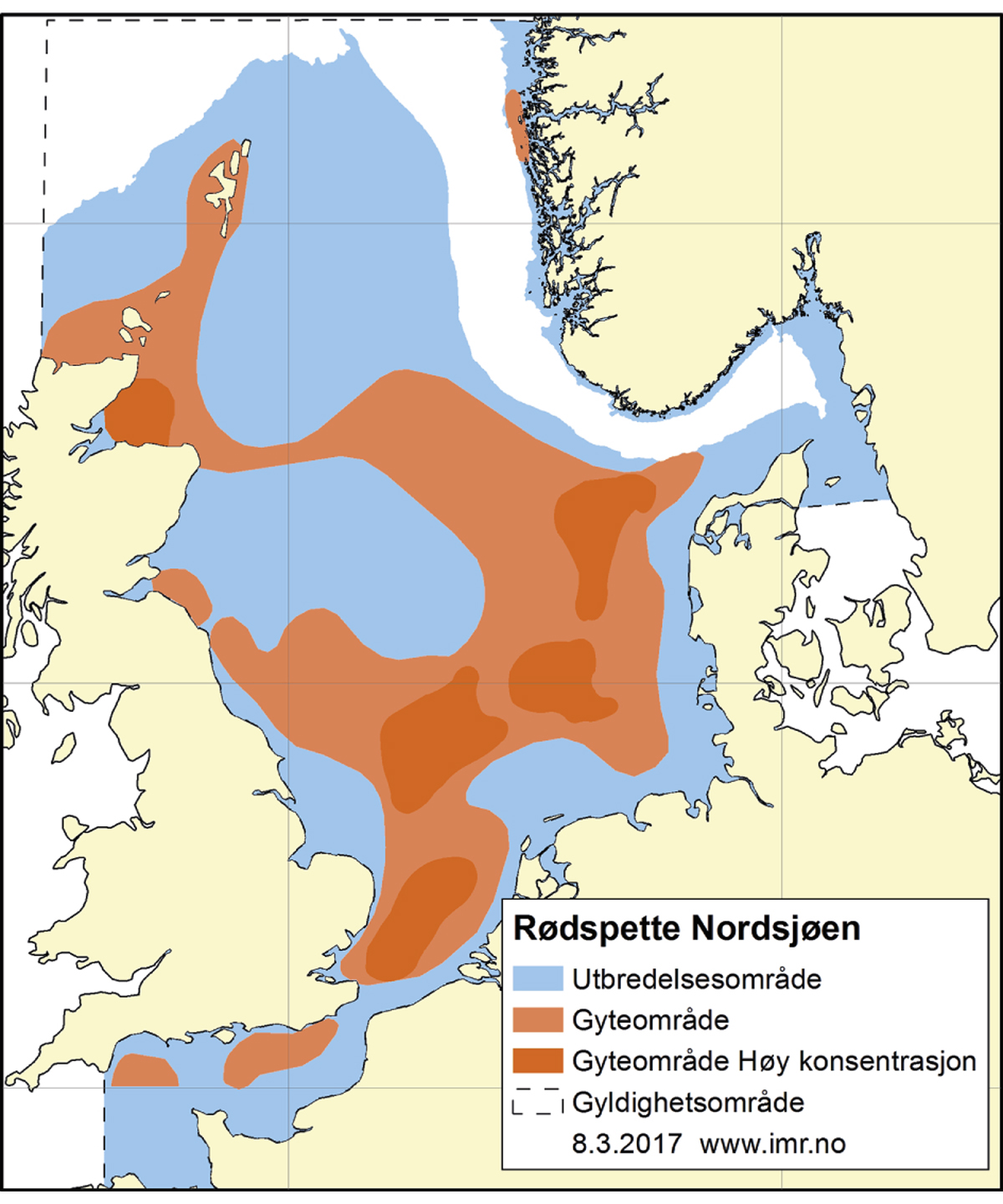 Figur 4.55 Utbreiingsområde og gyteområde for raudspette i Nordsjøen og Skagerrak.