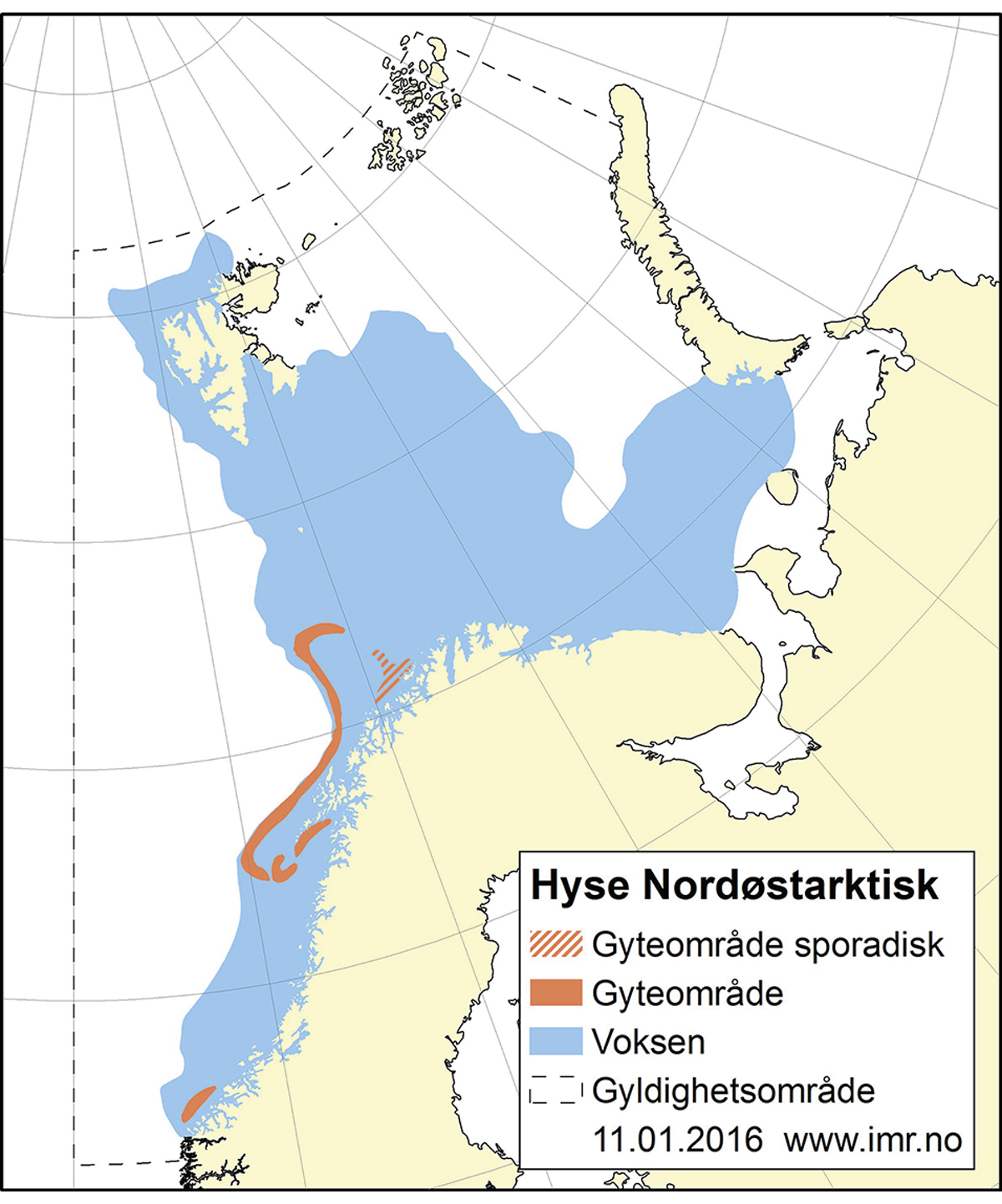 Figur 4.9 Utbreiingsområde og gyteområde for nordaustarktisk hyse.