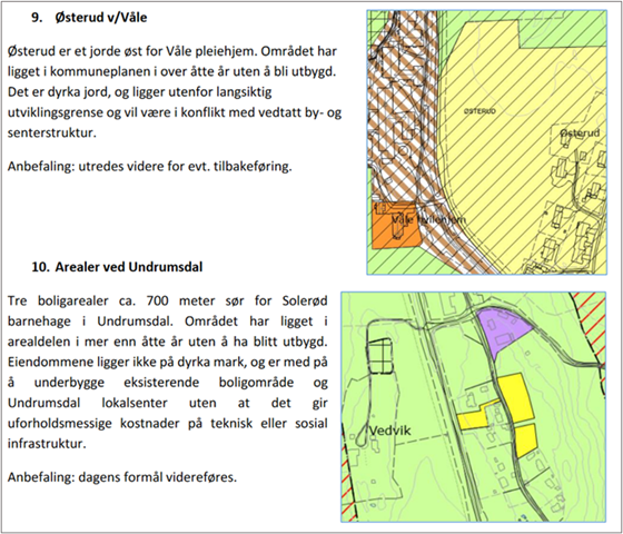 Utdrag som viser vurdering av eksisterende utbyggingsområder med kommunedirektørens anbefaling. 
