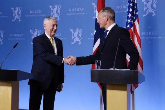 Norwegian Minister of Defence Frank Bakke-Jensen and United States Secretary of Defense James N. Mattis during the press statement at the Norwegian Ministry of Defence 14th July 2018