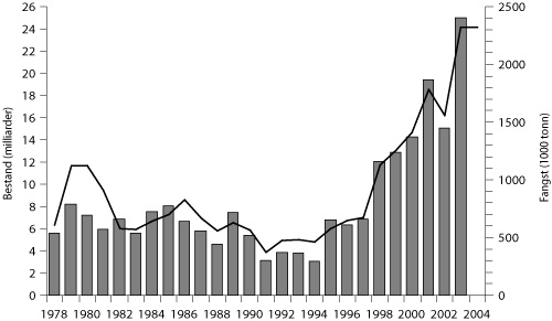 Figur 4.14 Fangst av kolmule og estimert gytebestand, 1981–2004. Fangsten i 2004 er framleis usikker.