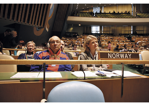 Figure 3.3 President of the Sámediggi (the Sami Parliament), Egil Olli, and Ambassador Tine Mørch Smith from Norway’s Mission to the United Nations at the opening of the UN Permanent Forum on Indigenous Issues, 2011.