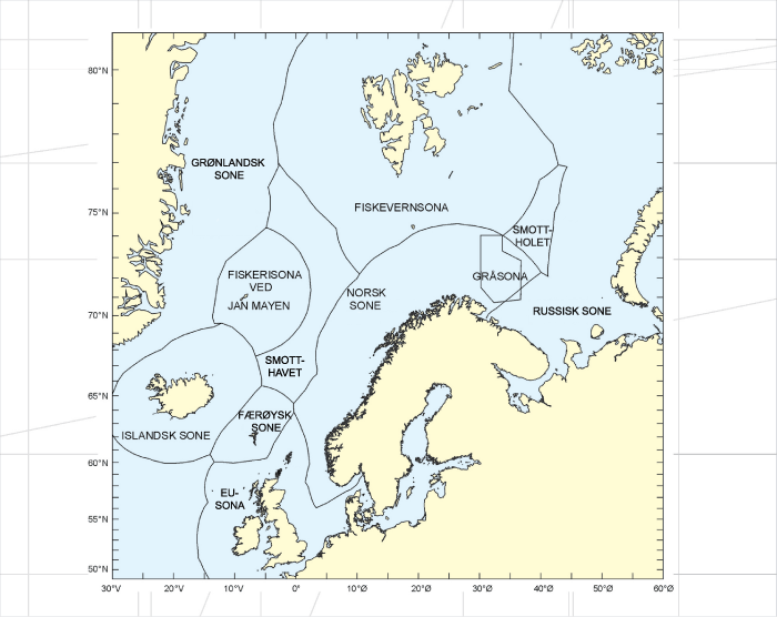 Figur 2.1 viser dei ulike sonene under norsk jurisdiksjon og dei internasjonale havområda Smottholet i Barentshavet og Smotthavet i Norskehavet.