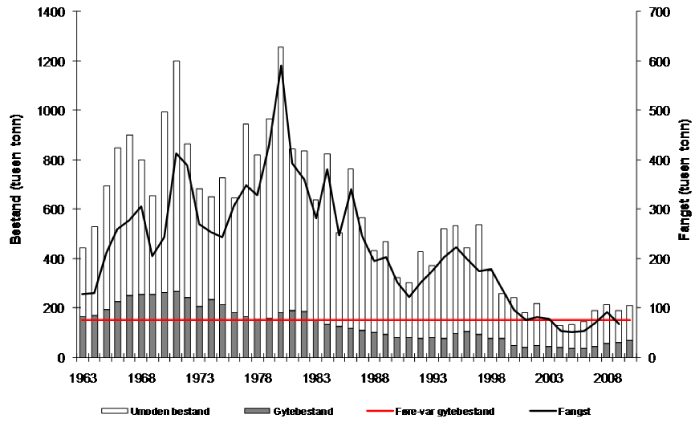 Figur 4.10 Utviklinga i bestand og fangst av torsk i Nordsjøen. Tala for fangst og bestand i 2009 og 2010 er prognosar