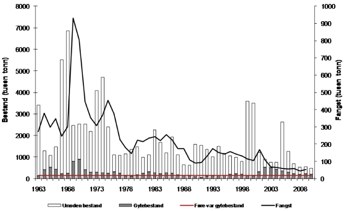 Figur 4.11 Utviklinga i bestand og fangst av hyse i Nordsjøen. Tala for fangst og bestand i 2009 og 2010 er prognosar