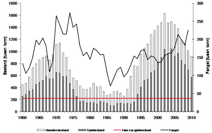 Figur 4.4 Utviklinga i bestand og fangst av sei nord for 62°N 1960 – 2010. Bestandsstorleiken i 2010 er usikker sidan dette er ein prognose med ei vurdering av kor stor fangsten vart i 2009