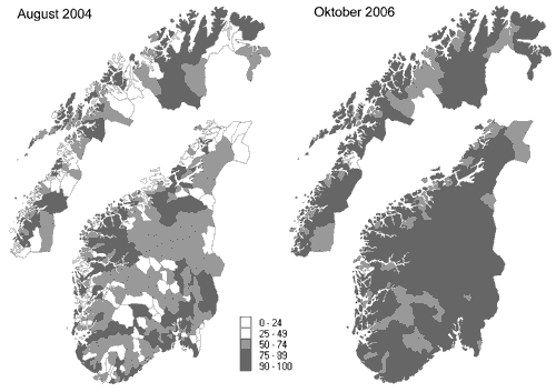 Figur 3.1 Estimert dekning blant hushalda fordelt på kommune
 per august 2004 og oktober 2006.