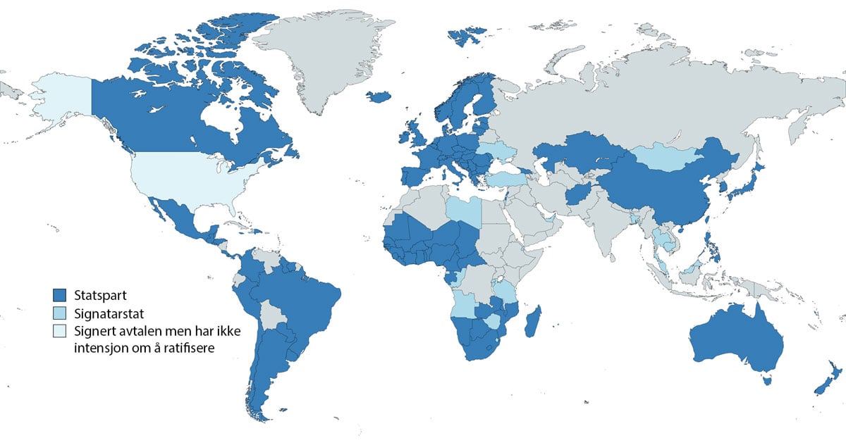 Figur 5.2 Land som er statsparter (mørkeblå), og land som har signert, men ikke ennå ratifisert avtalen (lyseblå). USA har signert, men har uttrykt at de ikke lenger har intensjon om å ratifisere.