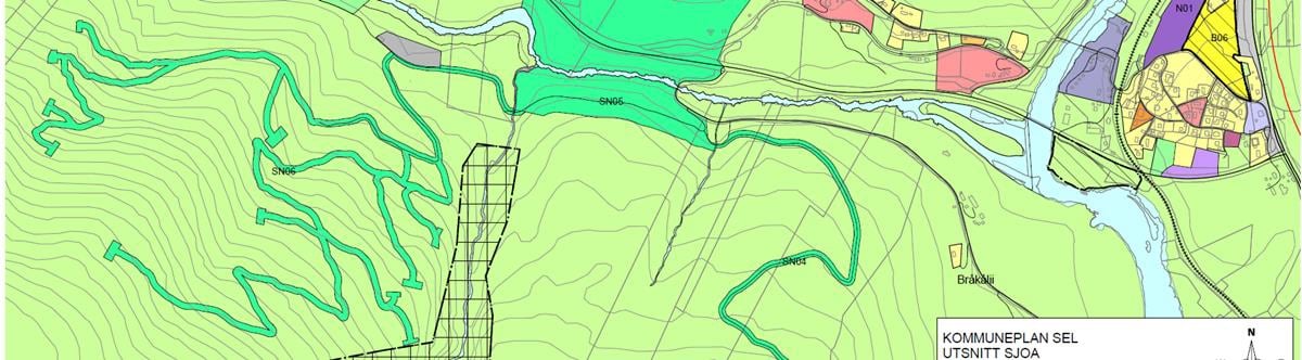 Detaljert utsnitt av kommuneplankart med framtidig areal avsatt som LNF spredt næringsbebyggelse.