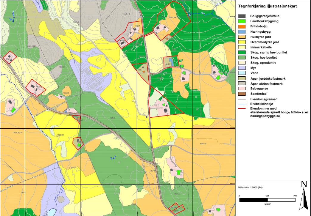 Illustrasjonskart til konsekvensutredning av eksisterende spredt bebyggelse i en mindre grend.