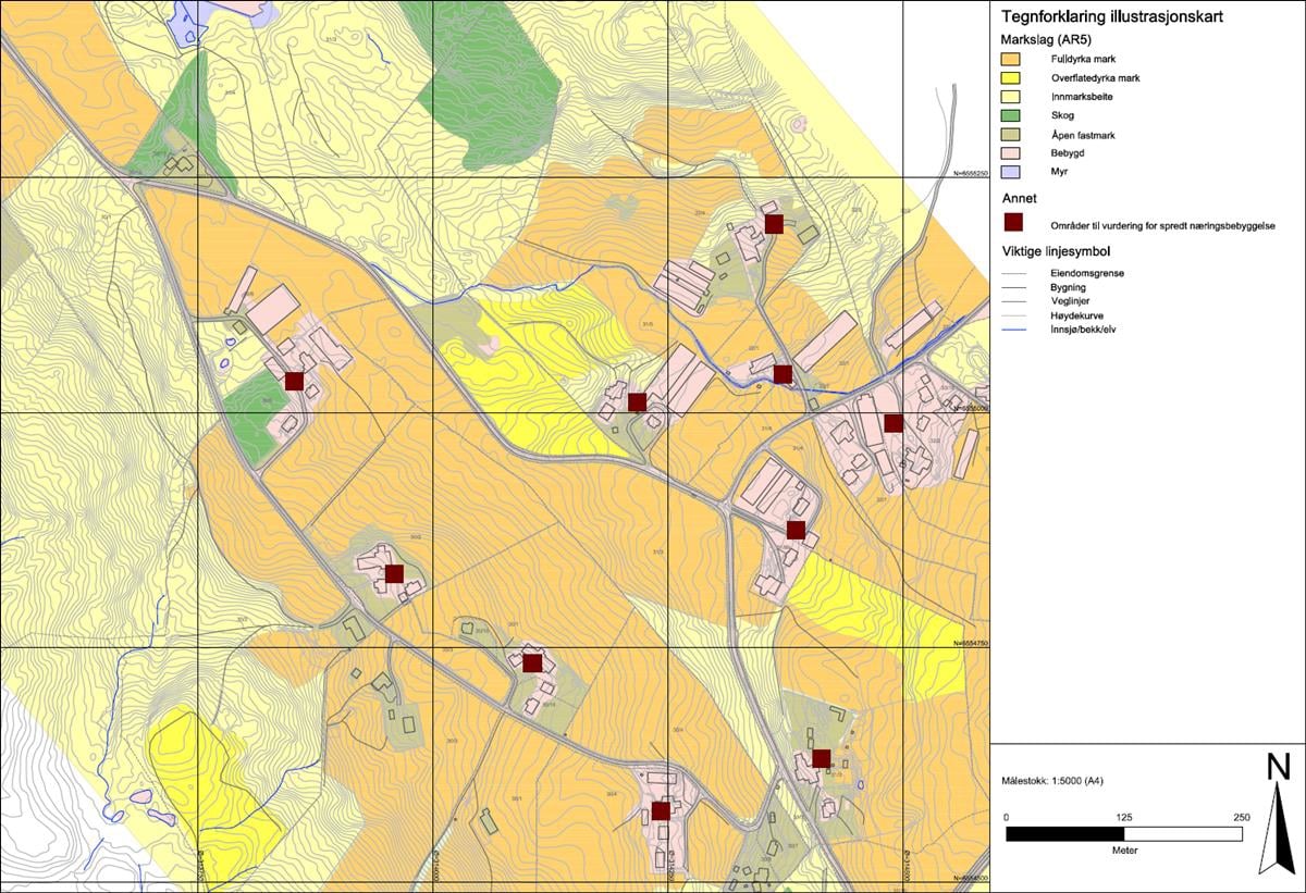 Illustrasjonskart til konsekvensutredning av gårdstun for LNFR spredt næringsbebyggelse.