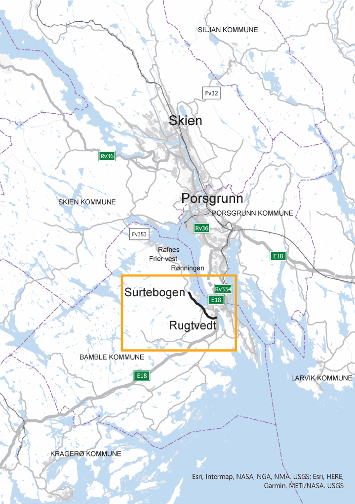 Figur 2.1 Oversiktskart over ny fv. 353 Rugtvedt – Surtebogen