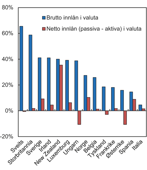 Figur 8.9 Andelen av bankenes passiva i valuta og andelen passiva fratrukket aktiva ved utgangen av 2007