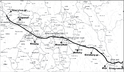 Figur 3.1 E18 i Østfold. Parseller og bomstasjoner. 