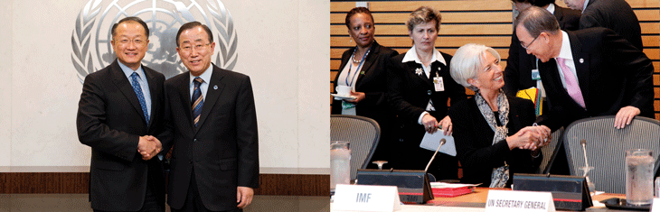 Figur 7.3 Verdensbankens President Jim Yong Kim, FNs Generalsekretær Ban Ki-Moon og IMFs leder Christine Lagarde har alle gitt løfter om å arbeide for inkluderende vekst og fattigdomsreduksjon. Samarbeid mellom FN og finansinstitusjonene står høyt på den norsk...