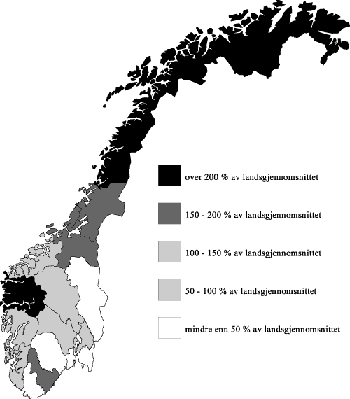 Figur 4.12 Bruk av legehelikopter til primæroppdrag fordelt etter bostedsfylke og relatert til befolkningsstørrelse i området. Prosent av landsgjennomsnittet. 1995.