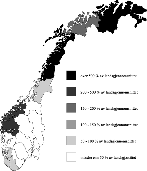 Figur 4.13 Bruk av helikopter og ambulansefly til overføringstransporter fordelt etter pasientenes bostedsfylke og relatert til befolkningsstørrelsen i området. Prosent av landsgjennomsnittet. 1995.