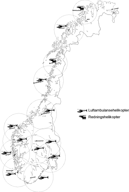 Figur 6.3 Teoretiske dekningsområder for ambulansehelikoptre innenfor en total utrykningstid på 45 minutter
