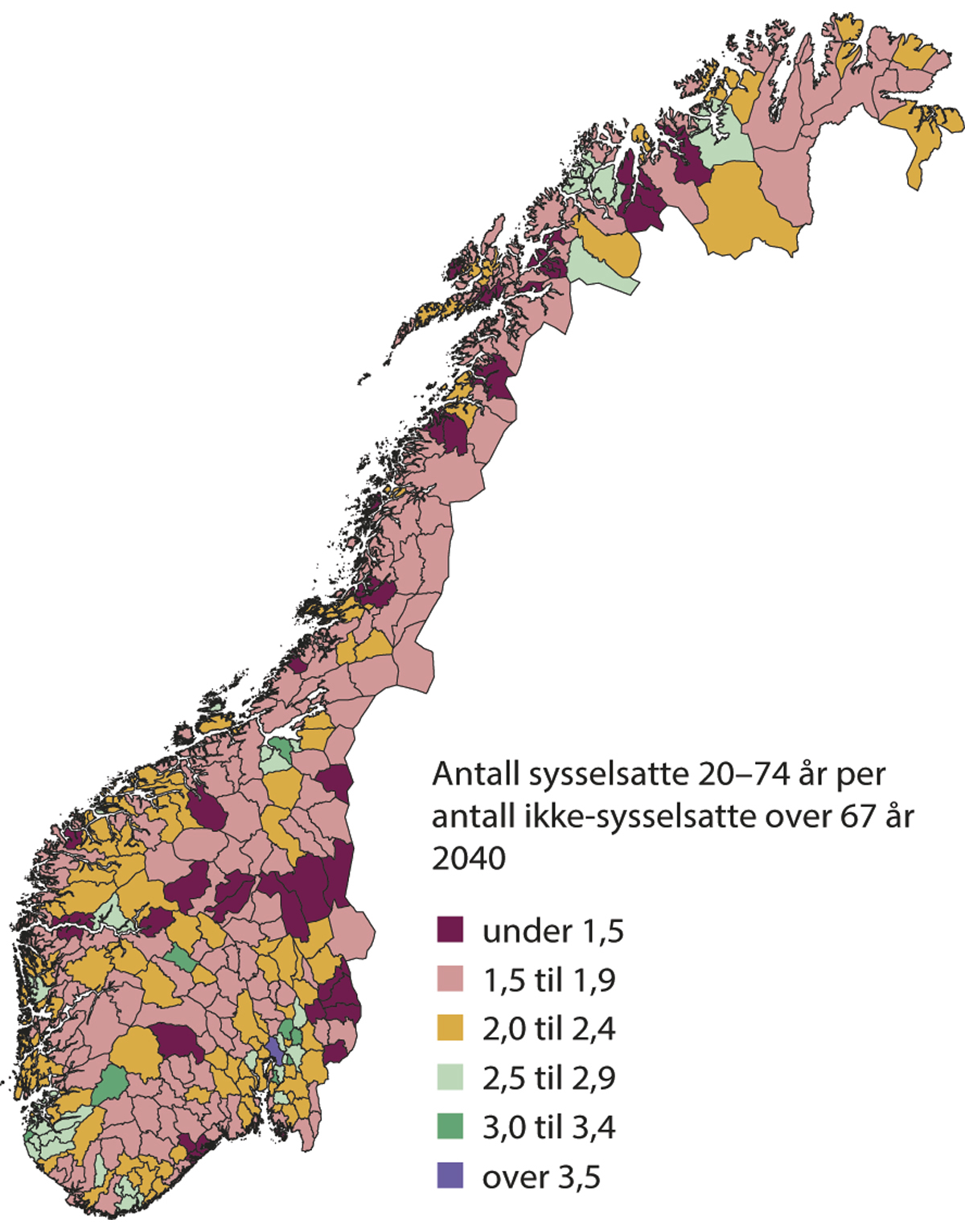 Figur 2.2 Tal på sysselsette 20–74 år per ikkje-sysselsett over 67 år i 2040