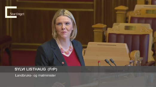 Landbruks- og matminister Sylvi Listhaug under spørjetimen på Stortinget 15.01.2015