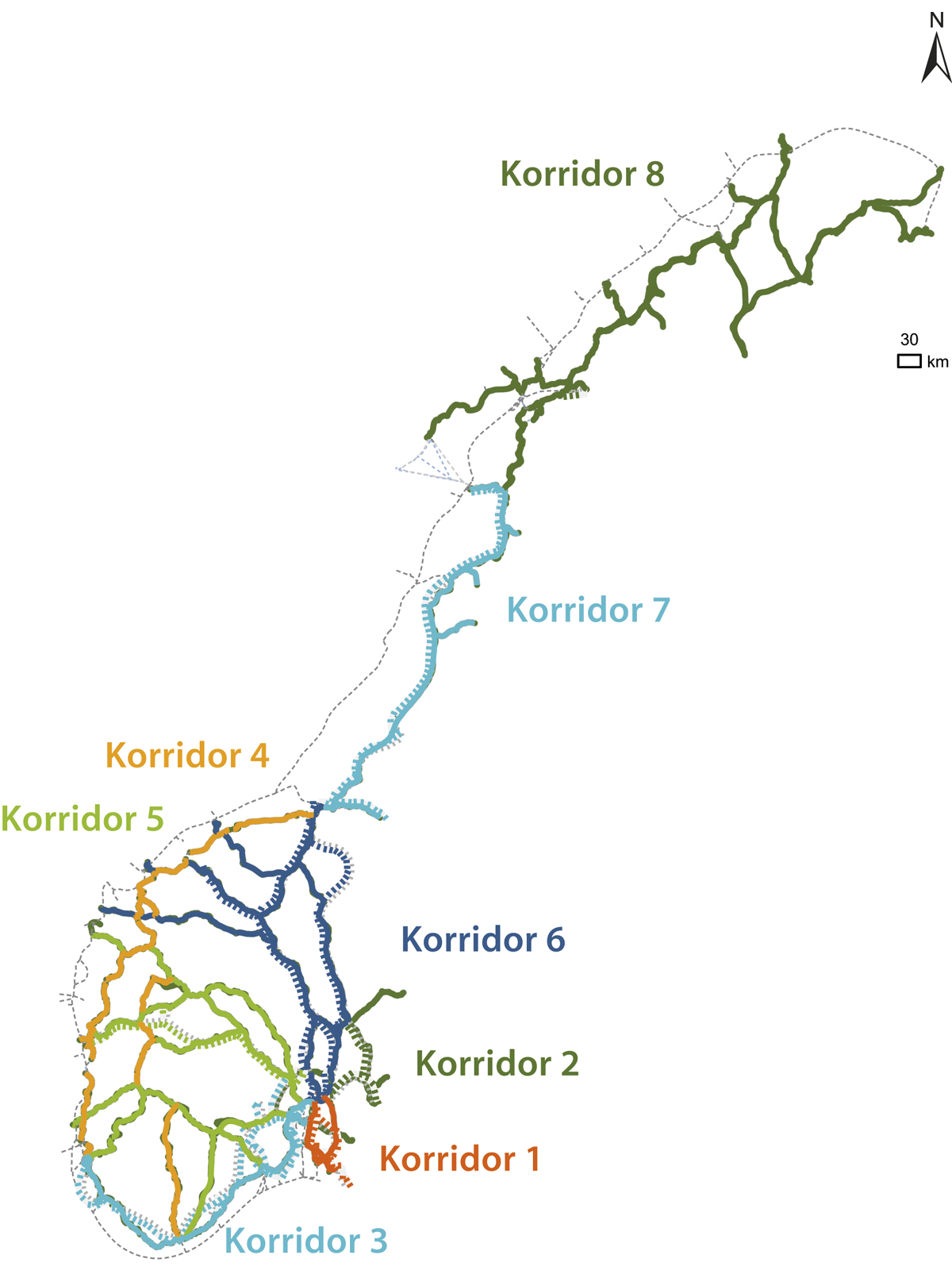 Figur 18.1 Oversikt over de åtte nasjonale transportkorridorene.