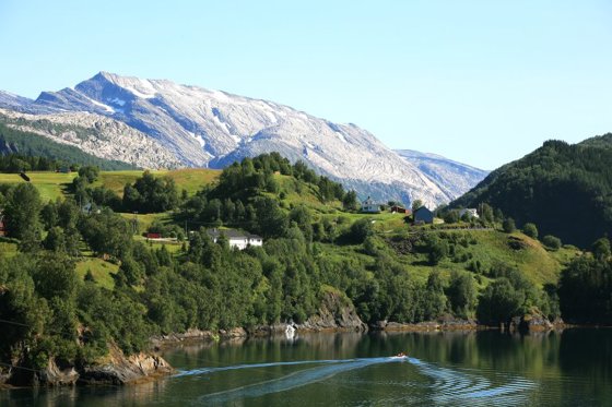 Utsyn mot Ørnesmoen. Fjordlandskapet i Engan og Ørnes holdes åpent gjennom beiting, slått og ryddig av gjengroingsmark.