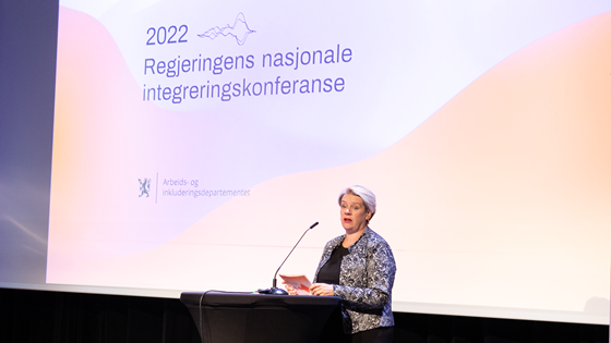 Arbeids- og inkluderingsminister Marte Mjøs Persen (Ap) åpnet regjeringens nasjonale integreringskonferanse.