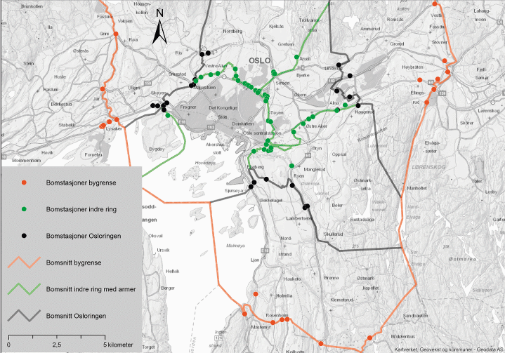 Figur 6.1 Oslopakke 3 – plassering av eksisterende og nye bomstasjoner