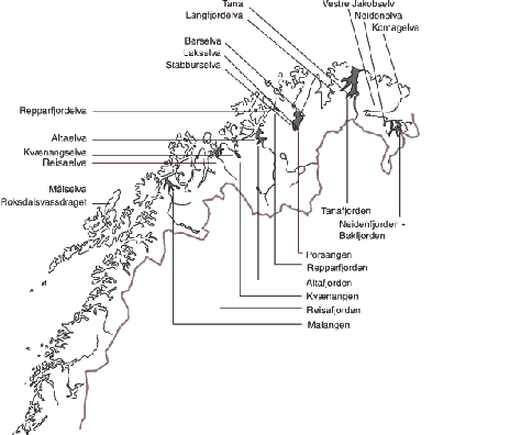 Figur 4.2 Kart over forslag til nasjonale laksevassdrag og laksefjorder i Nord-Norge