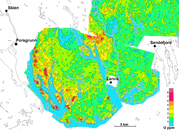 Figur 2-2 Eksempel på lokale variasjoner i uran-konsentrasjon (kilde: NGU 2001)
