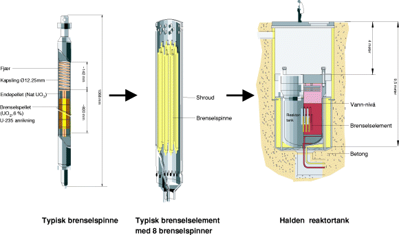 Figur 2-4 Illustrasjon av typisk brenselspinne, brenselselement og reaktortank ved Haldenreaktoren.
