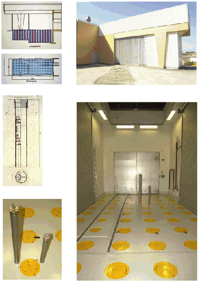 Figur 5-1 Brenselslageret i Met. Lab. II på Kjeller. Figuren viser også skjematiske illustrasjoner av stålrørsbrønnene.