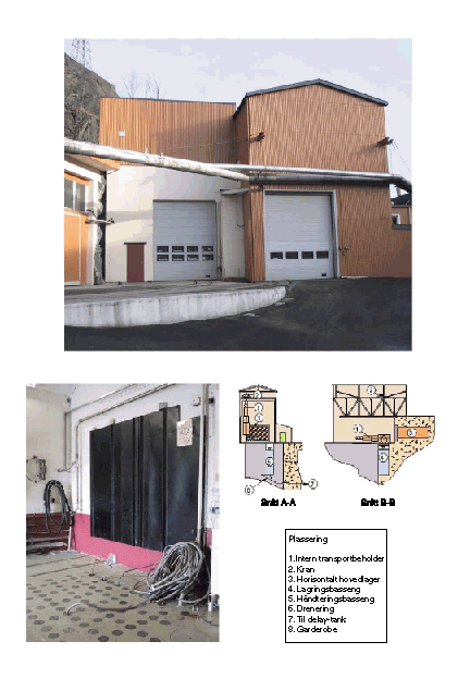 Figur 5-2 Bygning for brenselslagrene i Halden. Bildet viser også lagringsposisjoner i bassenget under gulvet. Det horisontale tørrlageret er bak dekselet som er forseglet av IAEA.