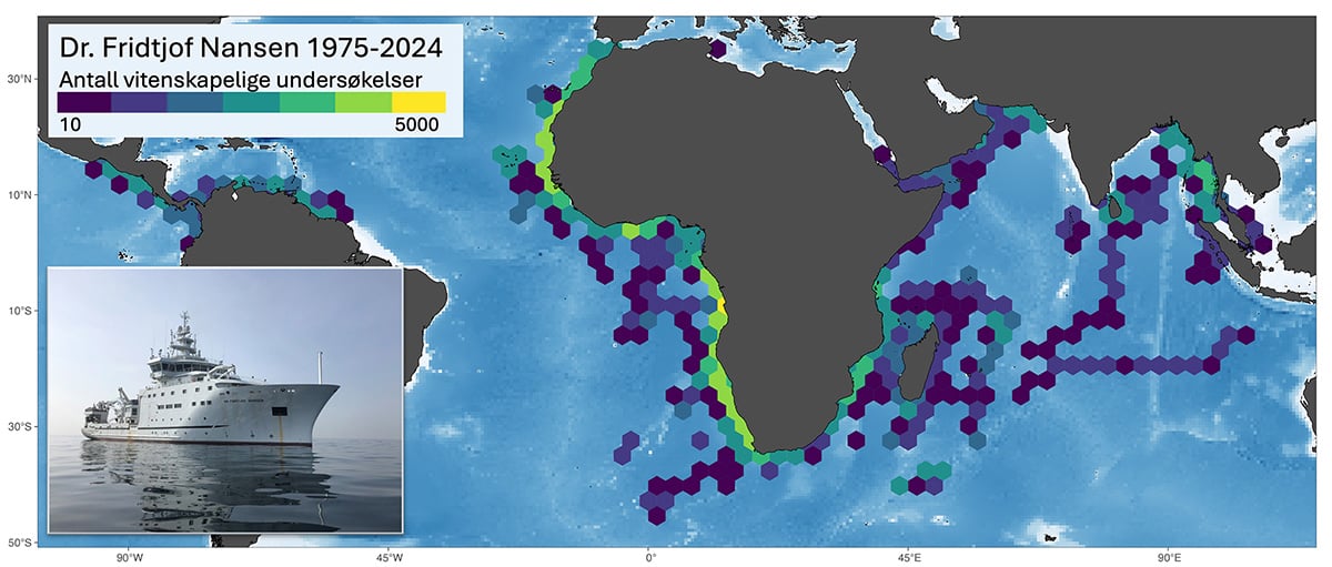 Figur 2.12 Omfanget av vitskaplege undersøkingar utførte av forskingsfartøyet «Dr. Fridtjof Nansen» i regi av EAF-Nansenprogrammet frå 1975 til 2024.
