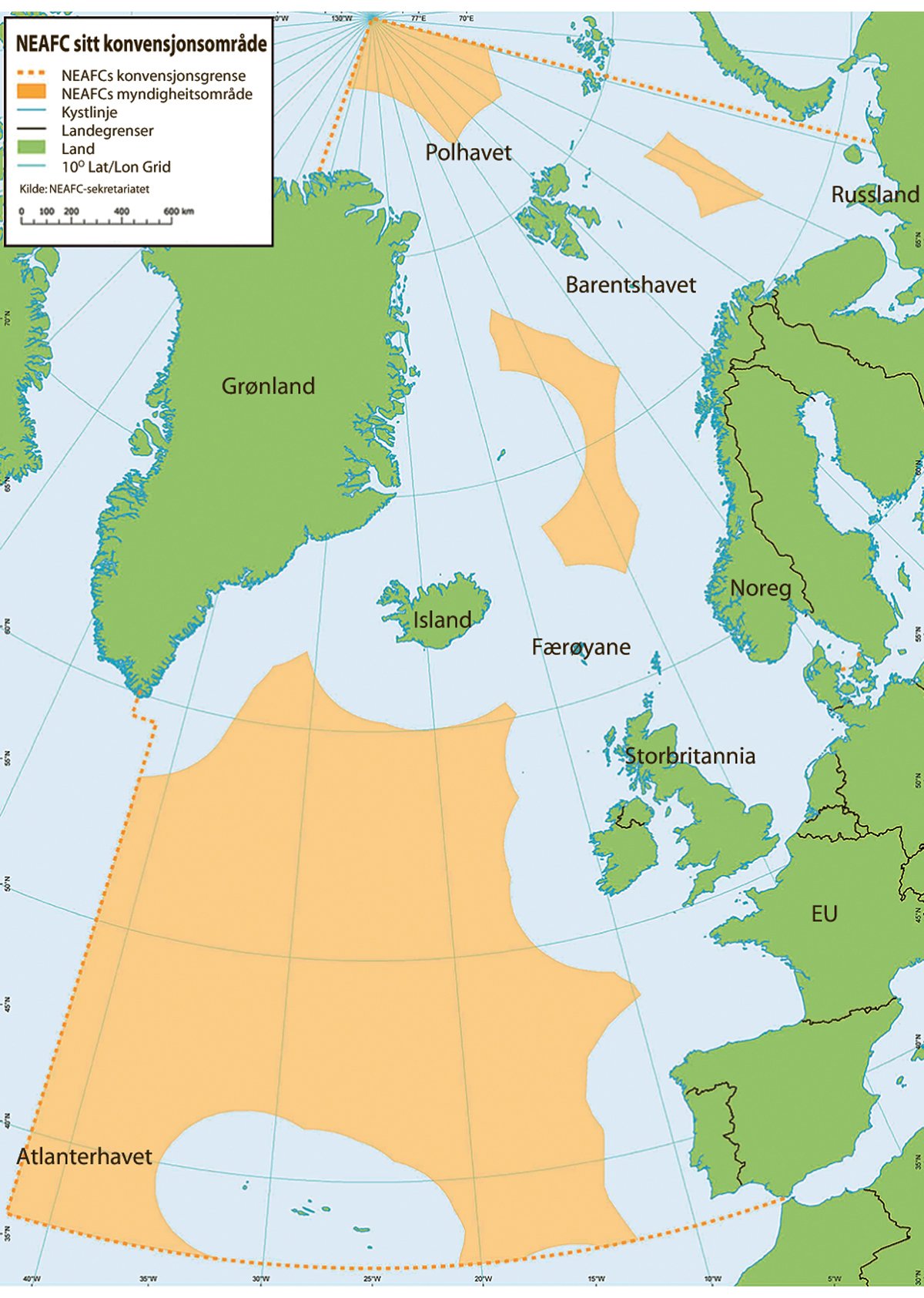 Figur 3.8 Konvensjonsområdet til NEAFC ligg innanfor dei stipla linene, ansvarsområde er merkte i oransje.