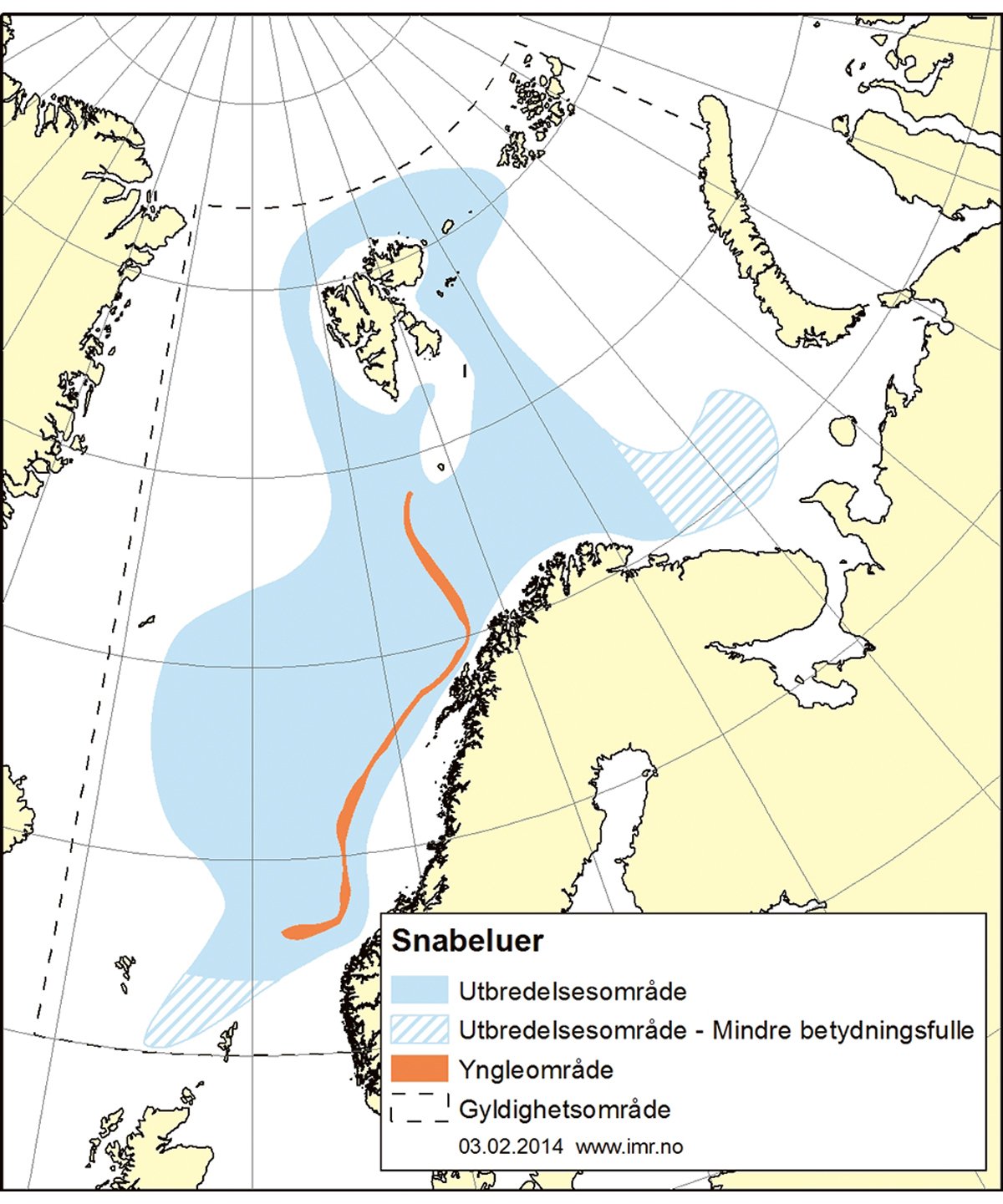 Figur 4.18 Utbreiingsområde og gyteområde for snabeluer.