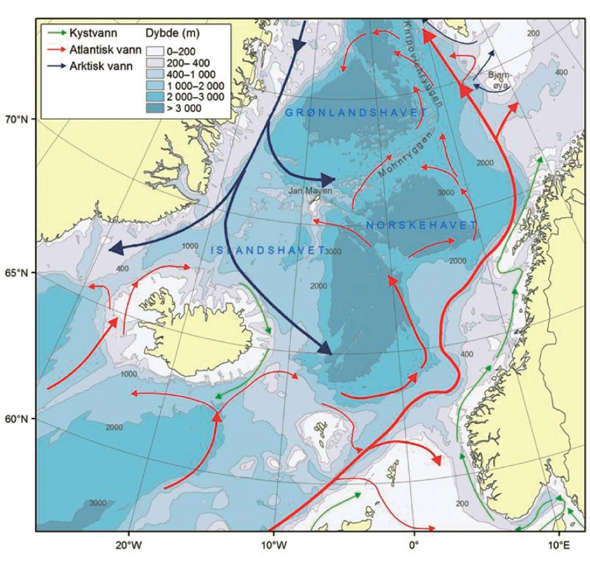 Figur 4.23 Norskehavet – straumar og djupn.
