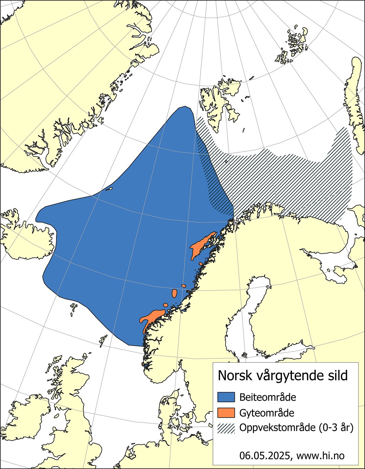 Figur 4.27 Utbreiingsområde og gyteområde for norsk vårgytande sild.