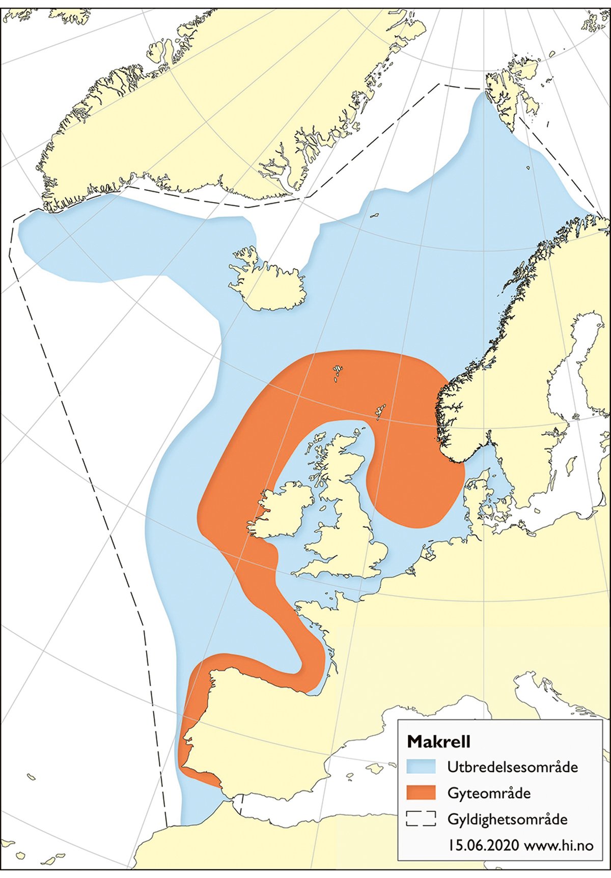 Figur 4.30 Utbreiingsområde og gyteområde for nordaustatlantisk makrell.