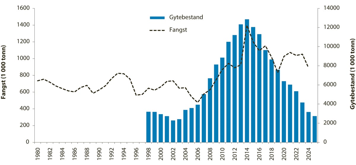 Figur 4.31 Utviklinga i bestand og fangst av nordaustatlantisk makrell.