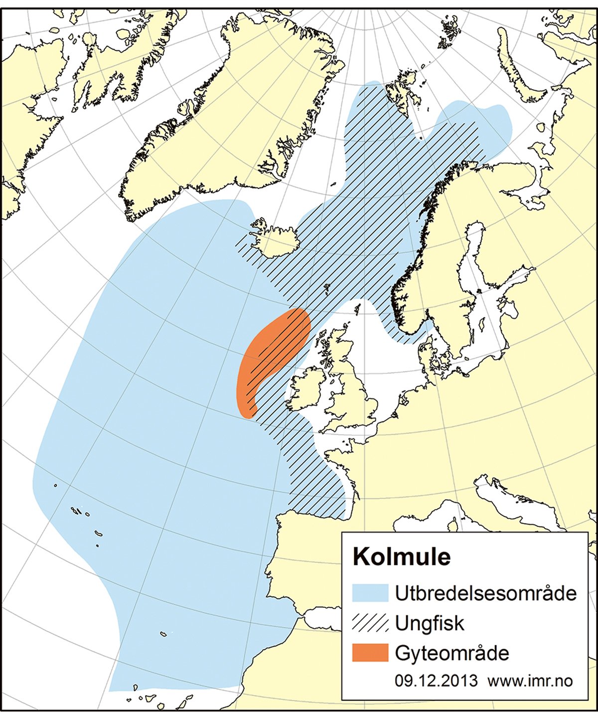 Figur 4.33 Utbreiingsområde og gyteområde for nordaustatlantisk kolmule.