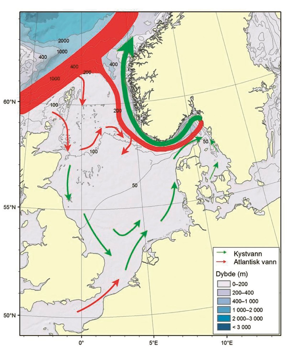 Figur 4.35 Nordsjøen og Skagerrak – straumar og djupn.
