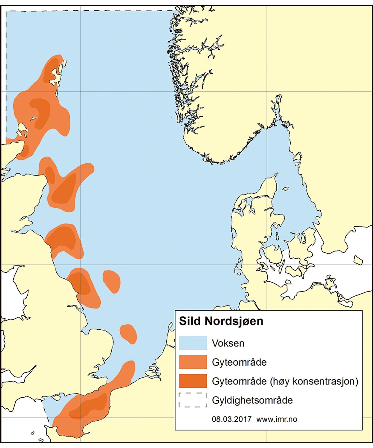 Figur 4.39 Utbreiingsområde og gyteområde for nordsjøsild.