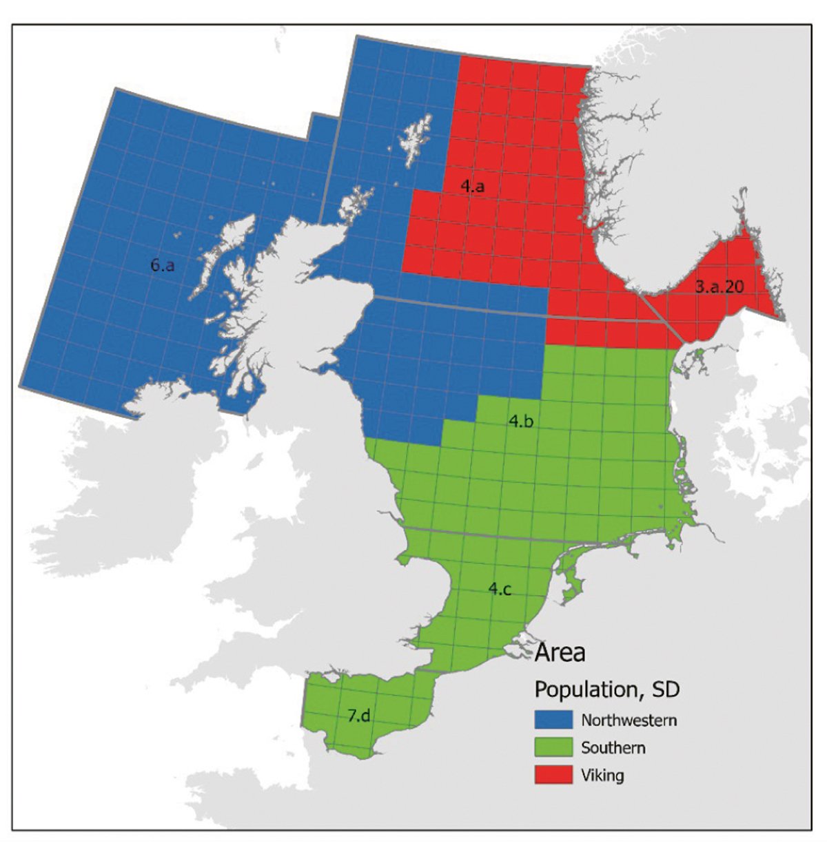 Figur 4.46 Områdeinndeling for underbestandar av torsk i Nordsjøen, Skagerrak, den austlege engelske kanalen og vest for Skottland.