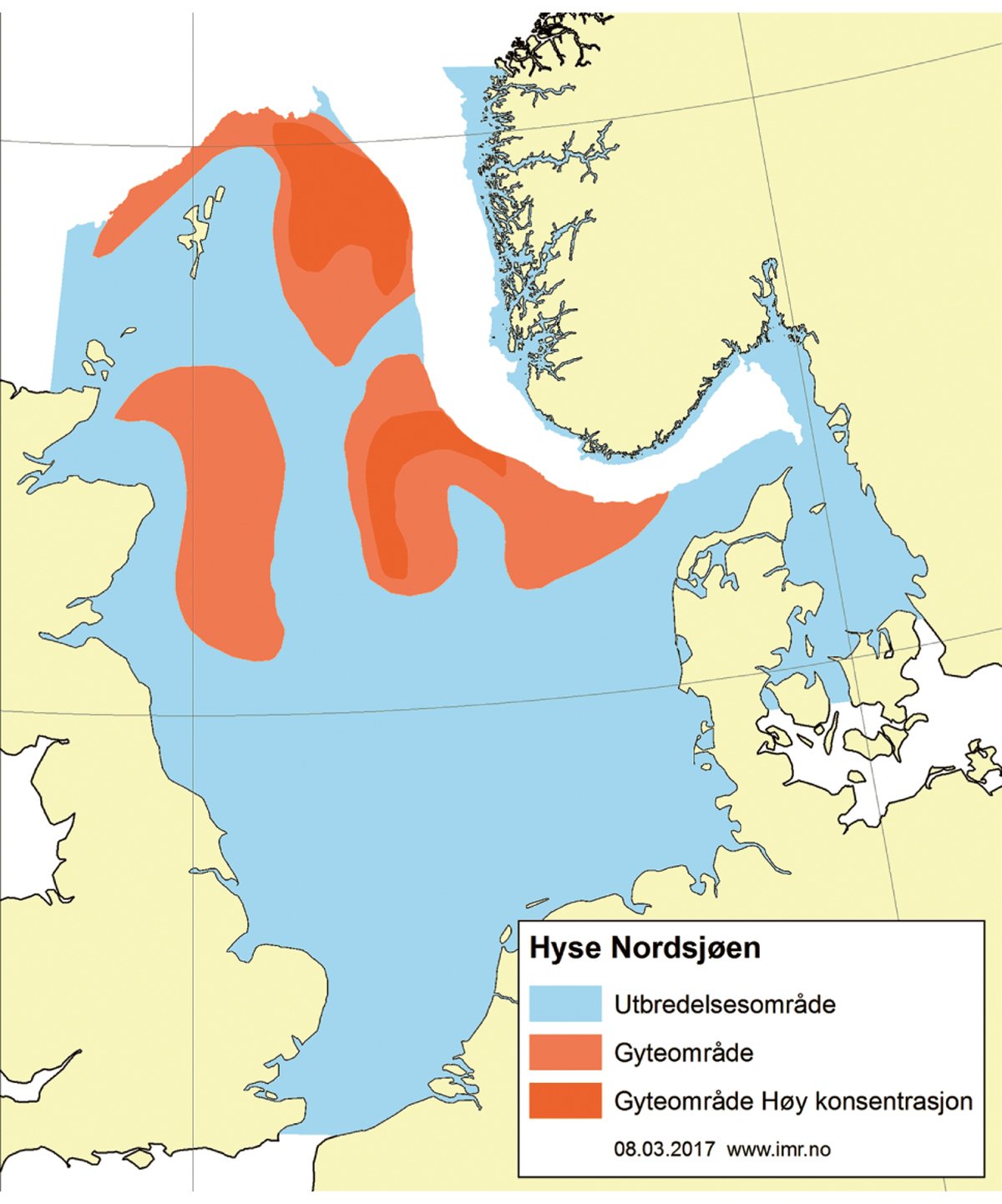 Figur 4.49 Utbreiingsområde og gyteområde for hyse i Nordsjøen, i Skagerrak og vest for Skottland.