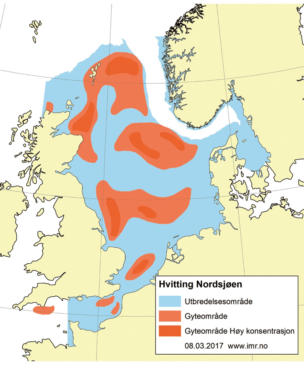 Figur 4.52 Utbreiingsområde og gyteområde for kviting i Nordsjøen og den austlege engelske kanalen.