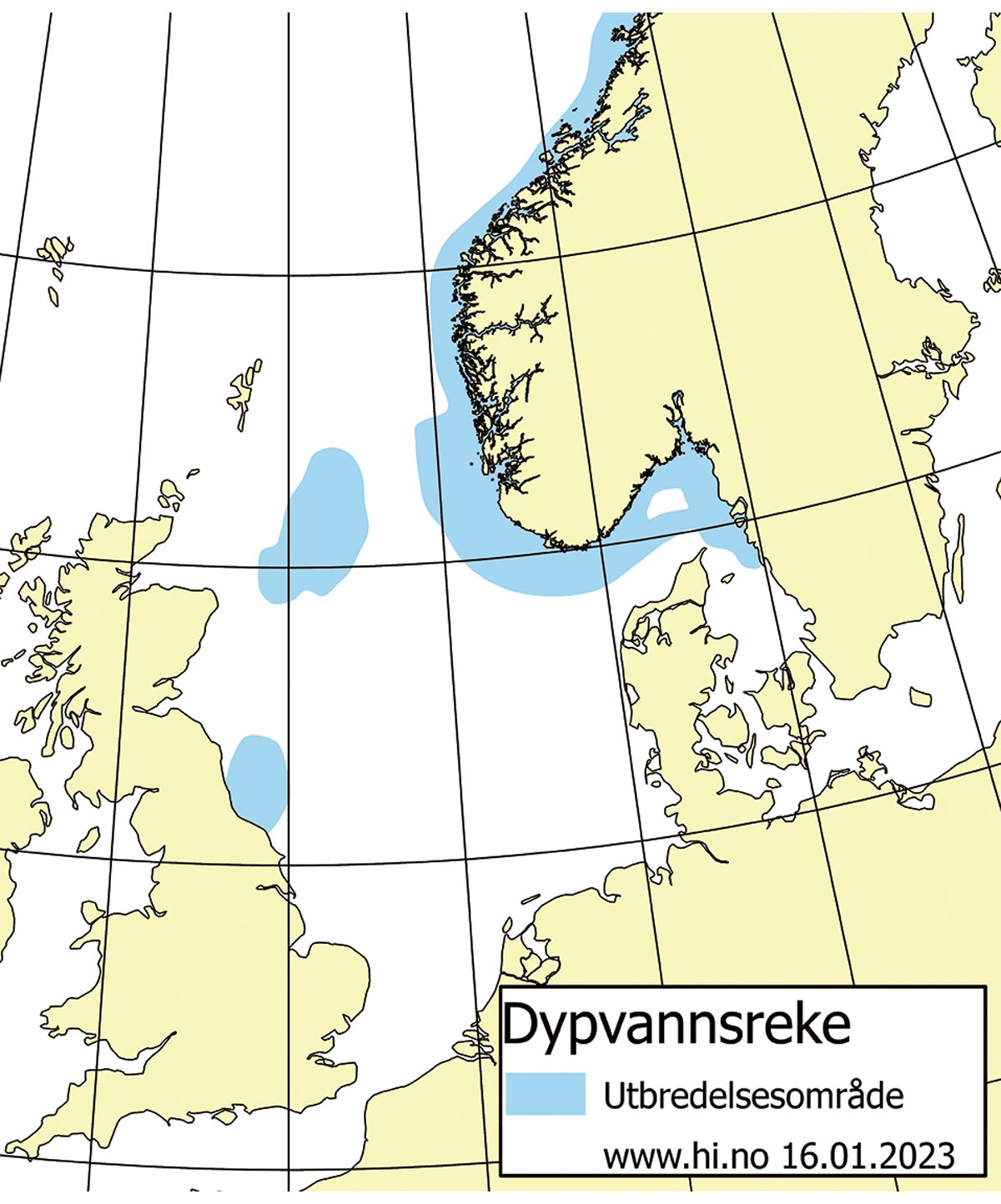 Figur 4.58 Utbreiingsområde og gyteområde for reke i Skagerrak og Nordsjøen.